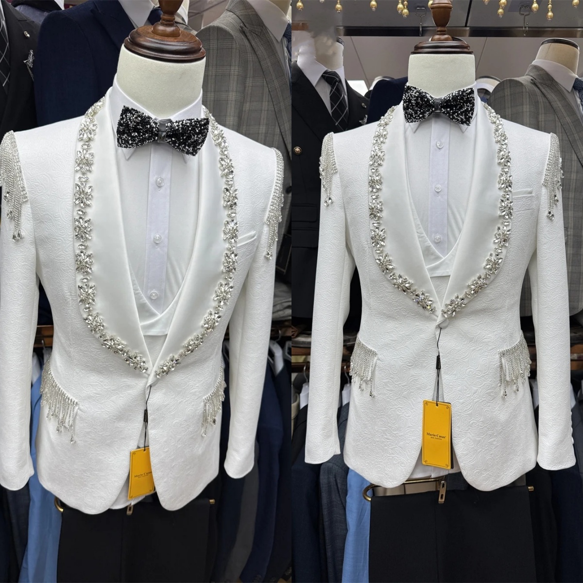 Luxury Crystal Men Suits Tailor-Made 2 Pieces Set Shawl Lapel Jacquard Jacket Rhinestone Tassel Blazer One-Button Customized Coat Pants Plus Size