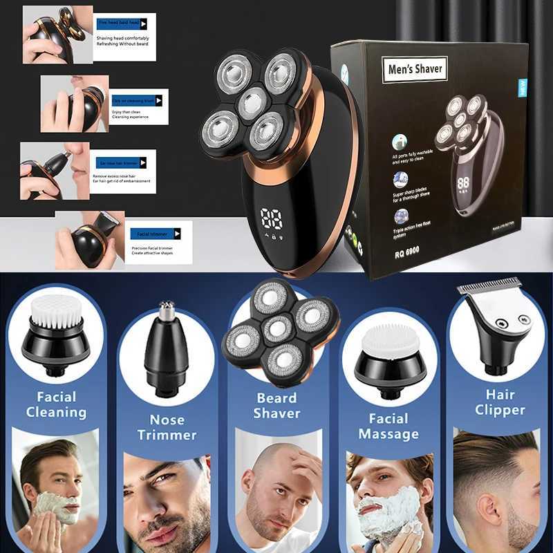 5 In 1 Electric Shaver for Men Bald Head Hair Clipper Nose Trimmer Floating 5 Blade Heads Shaving Beard Knife Rechargeable Razor W250625