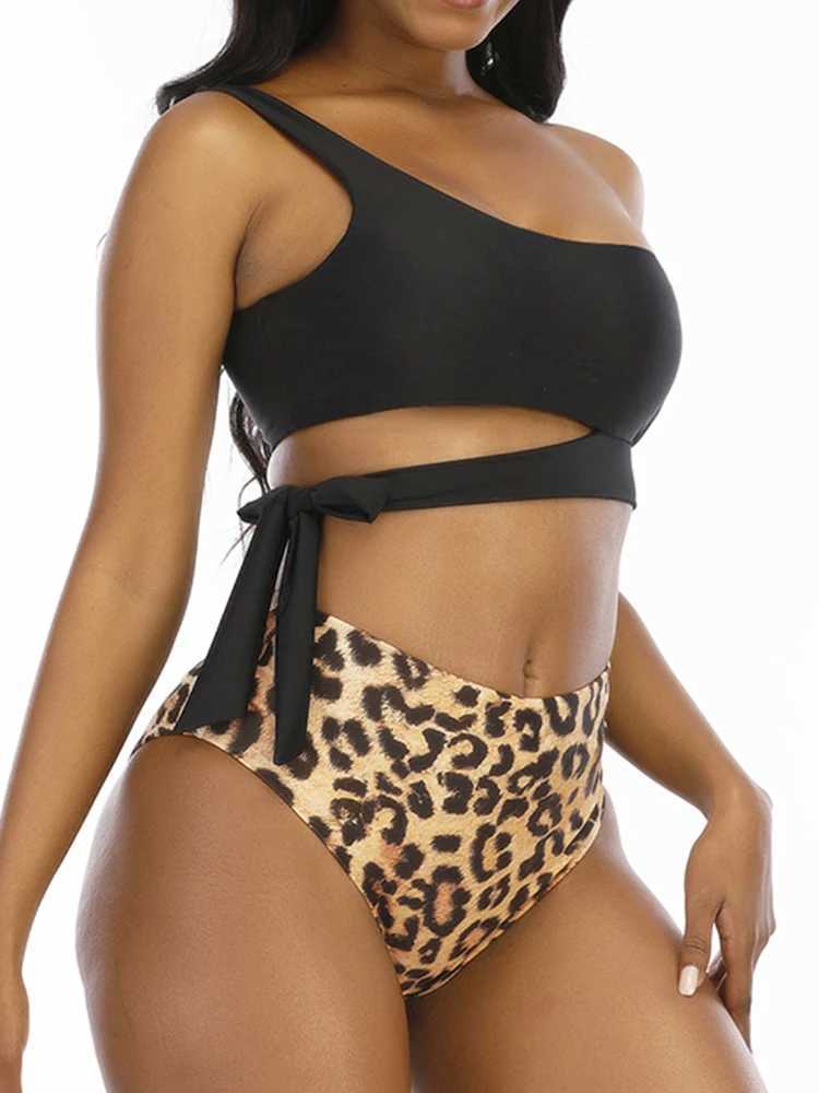 Bikini Swimwear Women Swimsuit 2025 New One Shoulder Leopard Bikini Set High Waist Bathing Suit Summer Push Up Beach 2 Pieces XJ250624