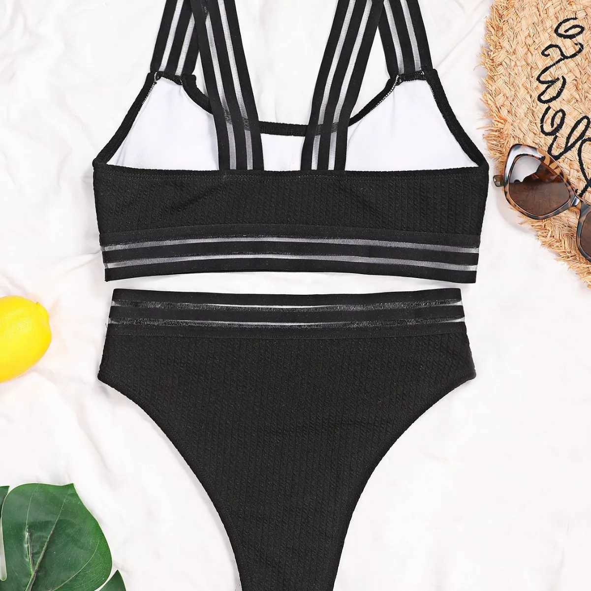 Black spiral pit strip vest U-shaped webbing high waist bikini sexy swimsuit women 2025 newXJ250624