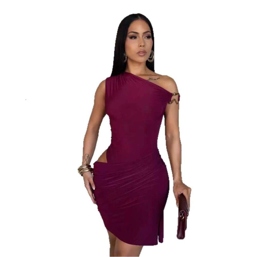 New Style Solid Color Slim Fit Sexy Waist-Cinching Asymmetric Neck Hollow Metal Design Bodycon Short Dress For Women B5