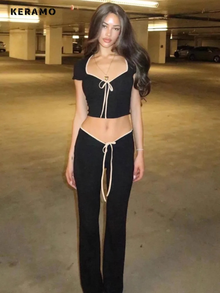 2025 Summer Sexy Casual Twopiece Set Women Slim Vneck Laceup Tshirt Black Trousers Sets Street sweet Pants Suits 250614