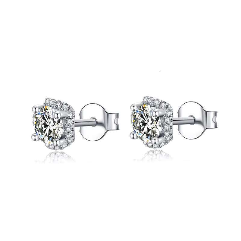 925 Sterling Silver GRA Certified Round Cut Moissanite Stud Earrings Silver Plated Classic Halo Design Moissanite Earings Stud