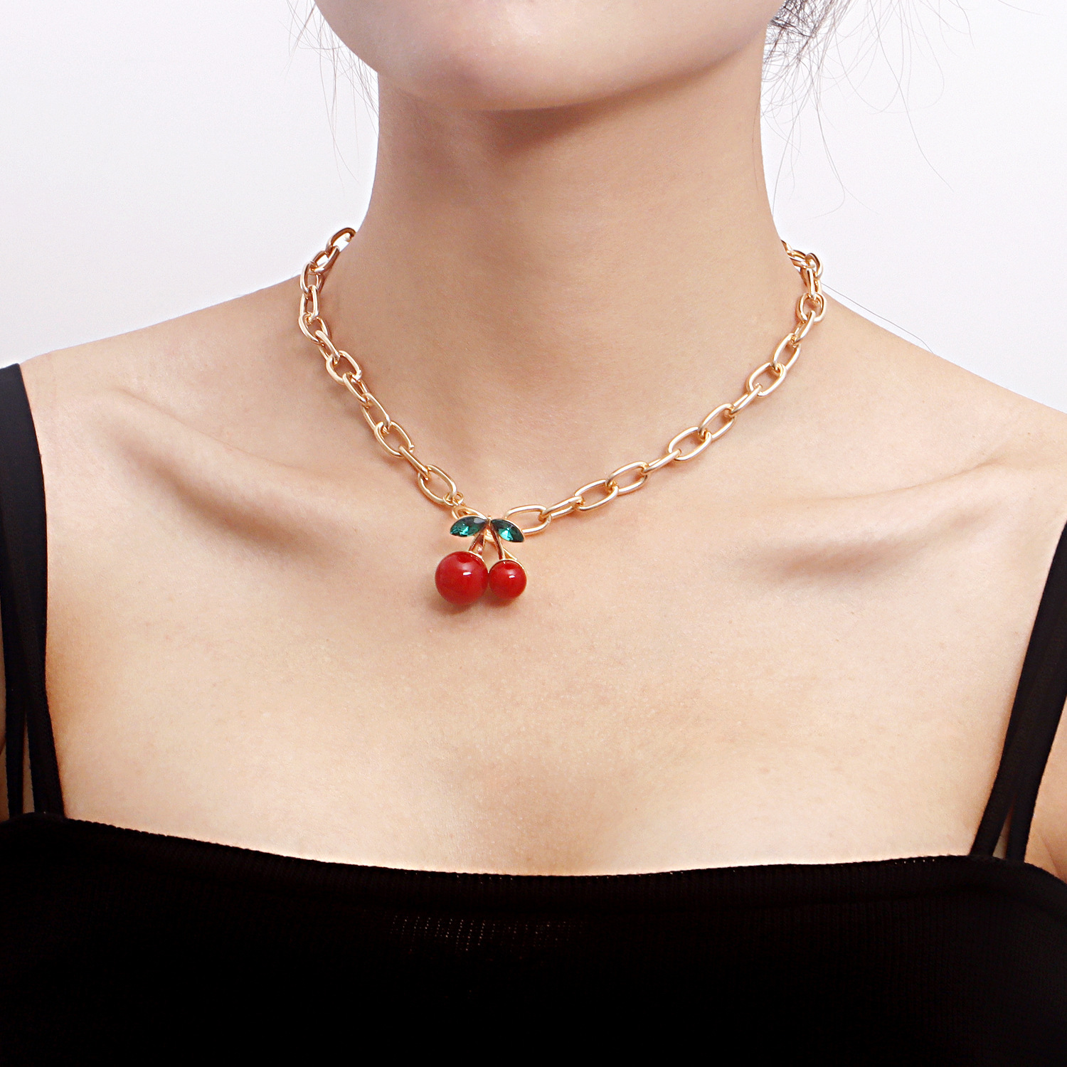 Y2K Geometric Exaggerated Thick Chain Big Red Cherry Pendant Necklace for Women Hot Selling Jewelry Jewelry for Women