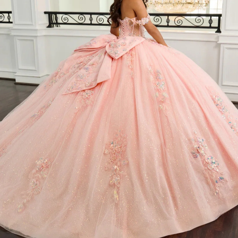 Pink Glitter Quinceanera Dresses Ball Gown Lace Applique Beaded Bow Tull Mexican Sweet 16 Dress Vestido De 15 Anos