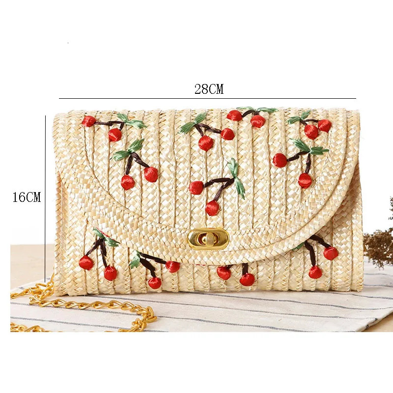 Wheat Straw Woven Women Shoulder Bag Bohemian Summer Beach Bags Cherry Banana Female Messenger Clutch Chain Flap Crossbody Bag 250624
