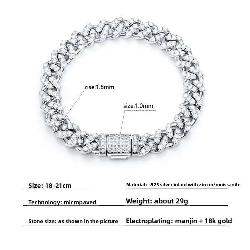 Unisex 925 Silver 8mm Moissanite Inlaid Hip-Hop Cuban Style Bracelets Bangles Fashionable Accessories for Men and Women