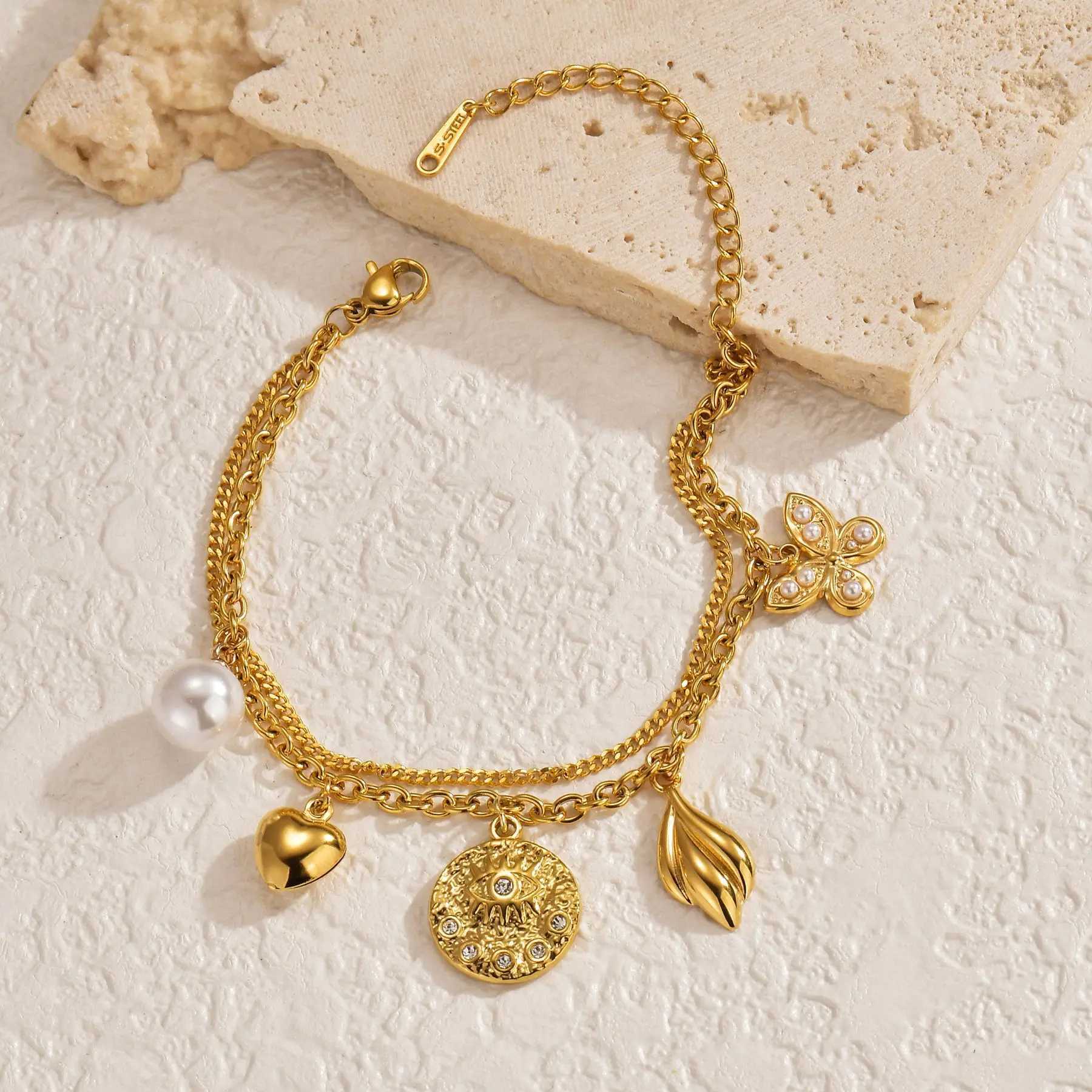 teeme New Double Layers shaped Pendant Bracelet for Women Gold-plated Stainless Steel Simple Birthday Gift X250625