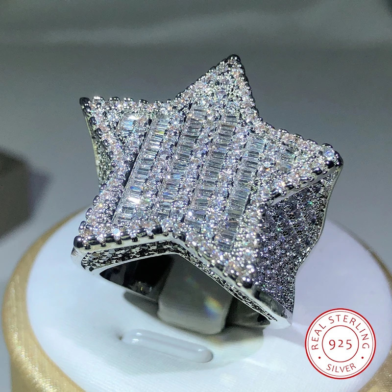 925 Silver Star Diamond Rings For Man/women Solid White /Yellow Gold Rings Shine Hiphop Jewlery Gifts 250624