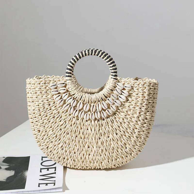 New Fashion MOON Straw Handbags Summer Shell Beach Rattan Bag Handmade Vintage Woven Handbag For Women Bolsa Femme