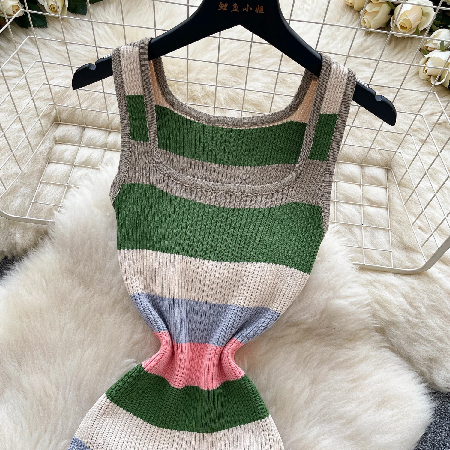 Chic Elastic Knit sleeveless Bodycon striped Women Elegant Korean Fashion Vestidos Summer Slim Wrap Pencil Dress 250618