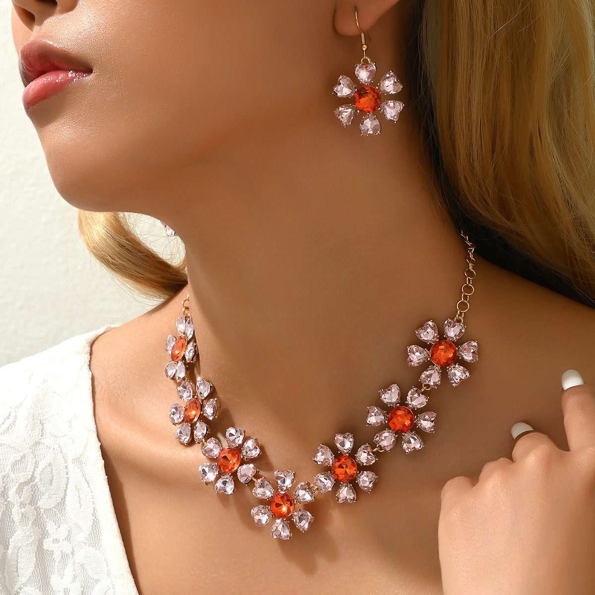 Fashion Necklace Simple Inlaid Zircon Heart Clavicle Chain Style Elegant Earrings Jewelry