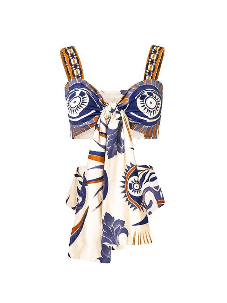 Elegant Lace Up Printed Bikini 2025 Women Push Up Sexy High Waisted 2 Piece Swimsuit Set with Beach Vacation Chiffon Wrap Skirt XJ250624