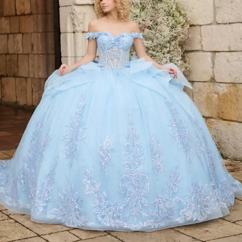 Baby Blue Ball Gown Quinceanera Dresses Off-Shoulder Applique Lace Bow Beads Tull Corset Sweet 16 Dress Vestidos De XV 15 Anos