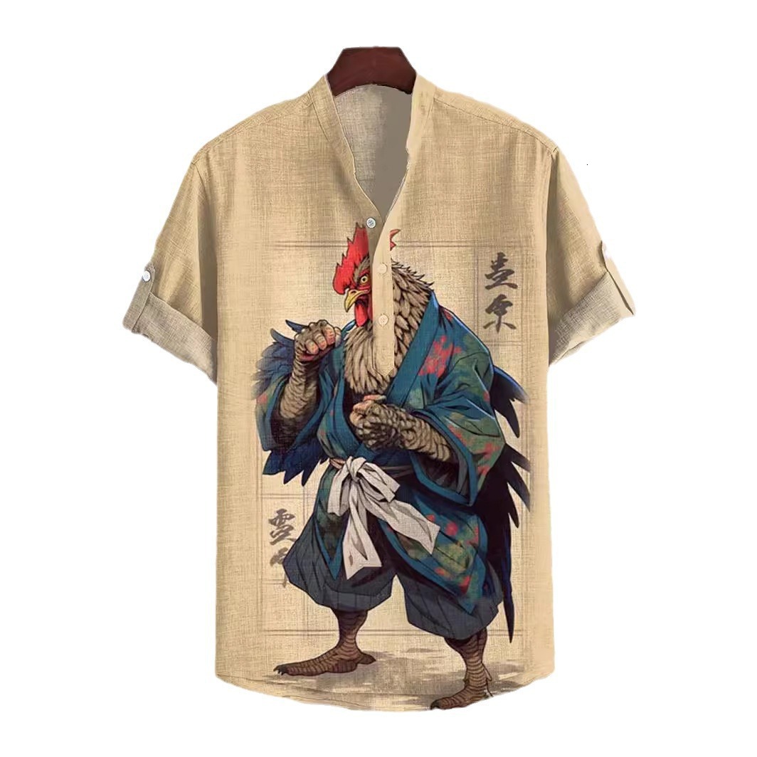 Men Summer Shirts Short Sleeve Shirt Casual Style New 3D Digital Heat Transfer Printed Animal Landscape Pattern 3-Button Stand Collar Short Sleeve Shi