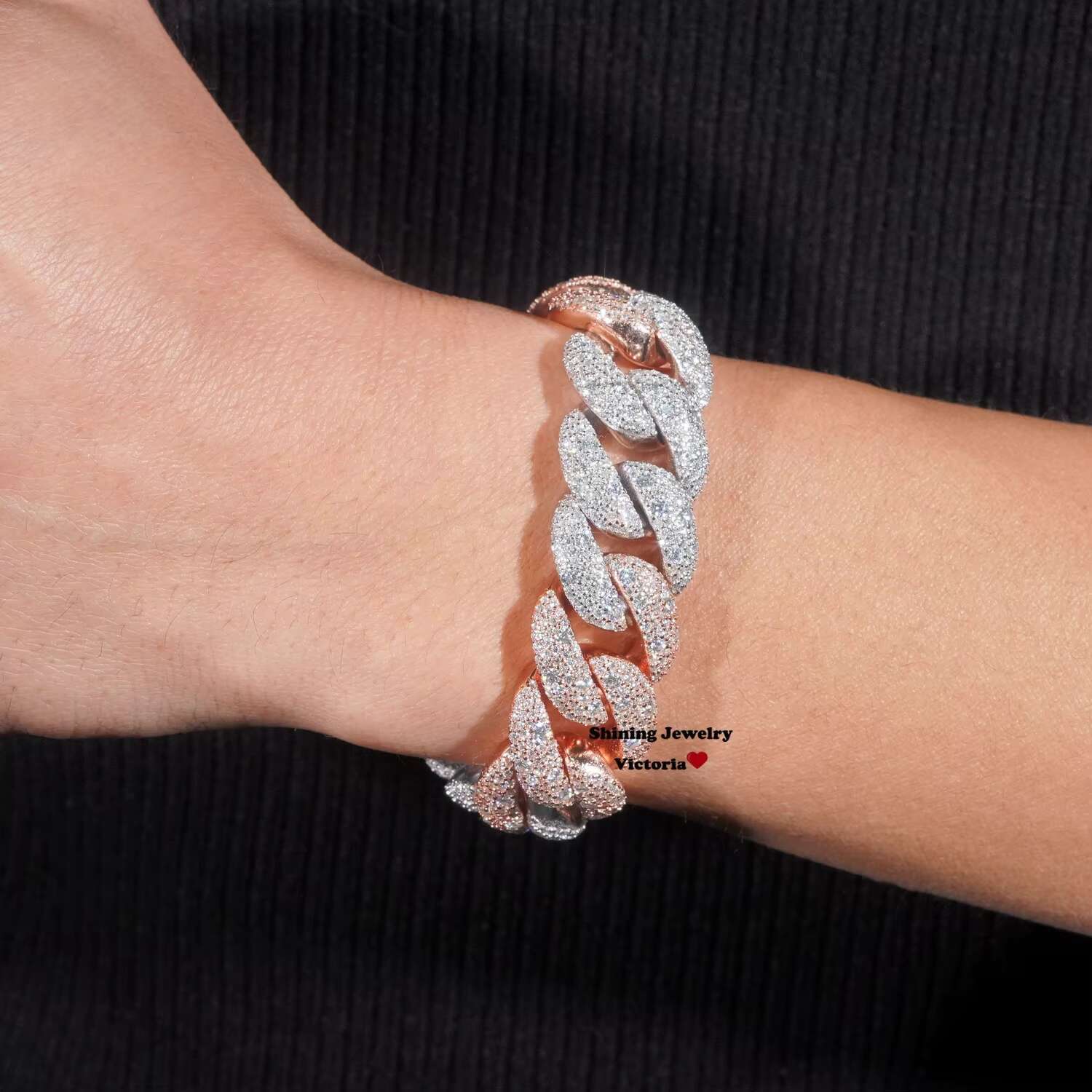 Rose Gold Mix White Gold Two Tone Mosaic Setting Moissanite Cuban Link Bracelet 18MM Fully Iced Out