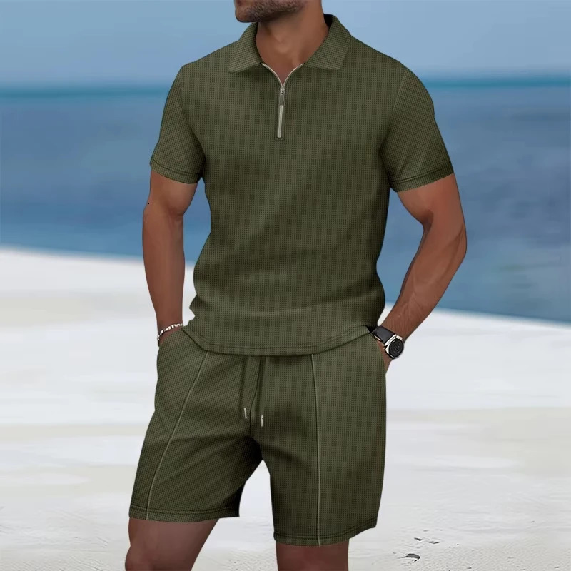Mens Zip Polo Sets Solid Color 3D Print Casual Zipper Shirt Shorts 2pcs Business Sports Outfit Men Tracksuit Suit 250624