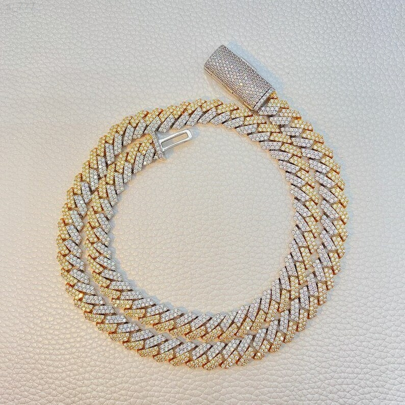 Two Tone Miami Cuban Link Necklace for Men/Women Thick iced Sterling Silver/Gold Plated Ready to Ship with Moissanite Stone