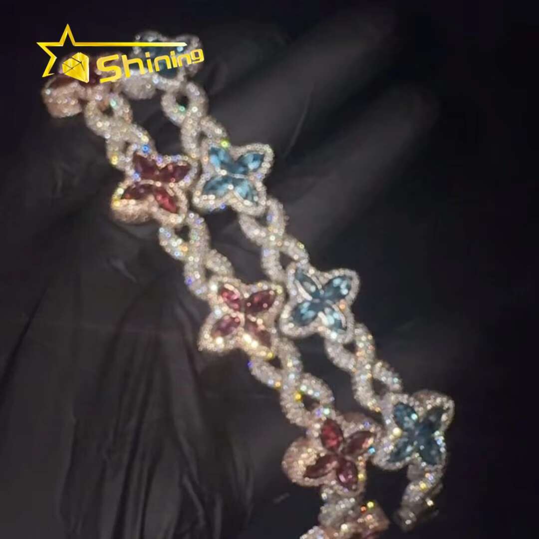 Hot Sale Popular Shining Hip Hop 925 Silver Pink Blue Marquise Infinity Cuban Link Moissanite Bracelet