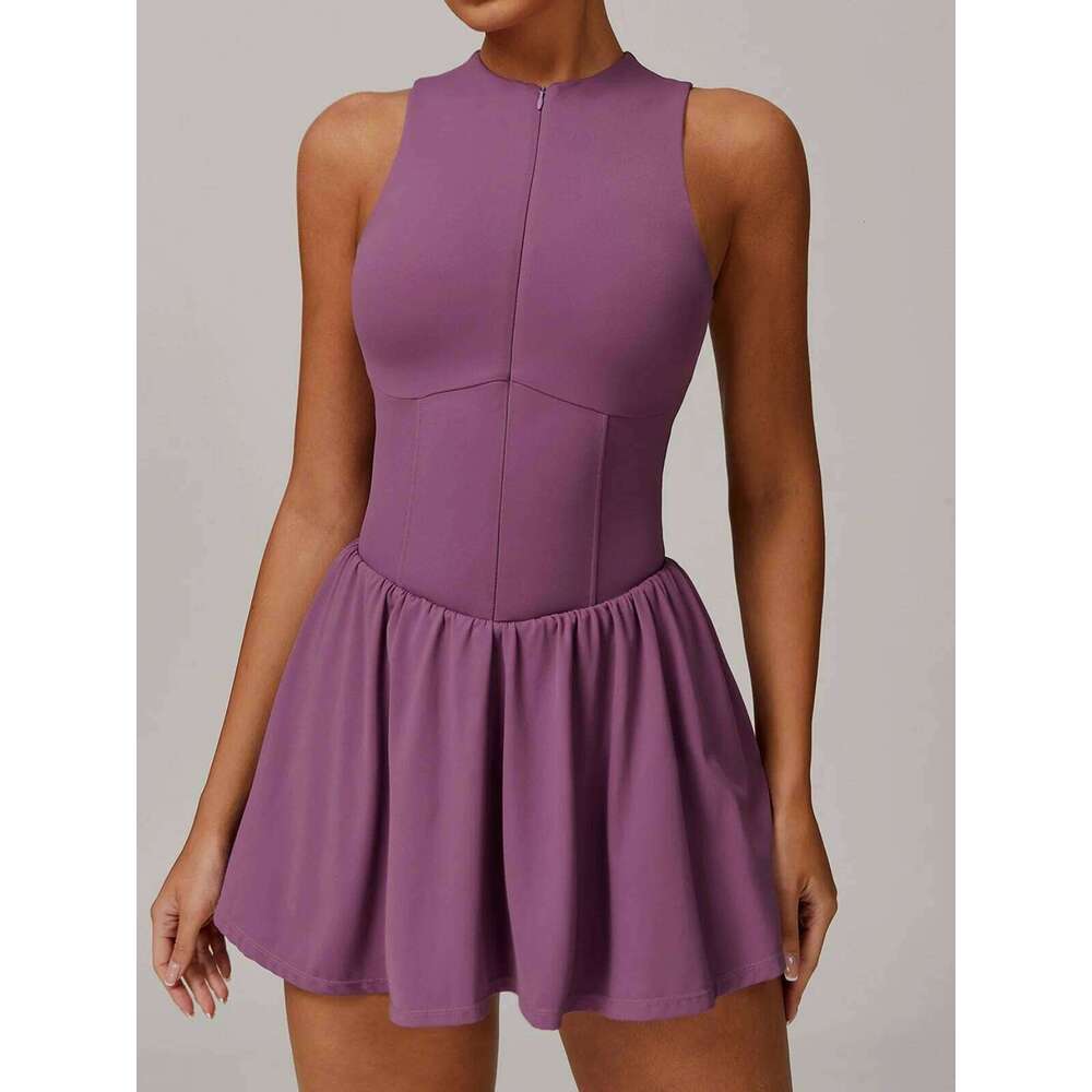 Women Front Zipper Tennis Dress Fake Two-piece Pieces Stand Up Collar Slim Fit Soft Sports Sets Fiess Pocket Skorts Yoga Suits