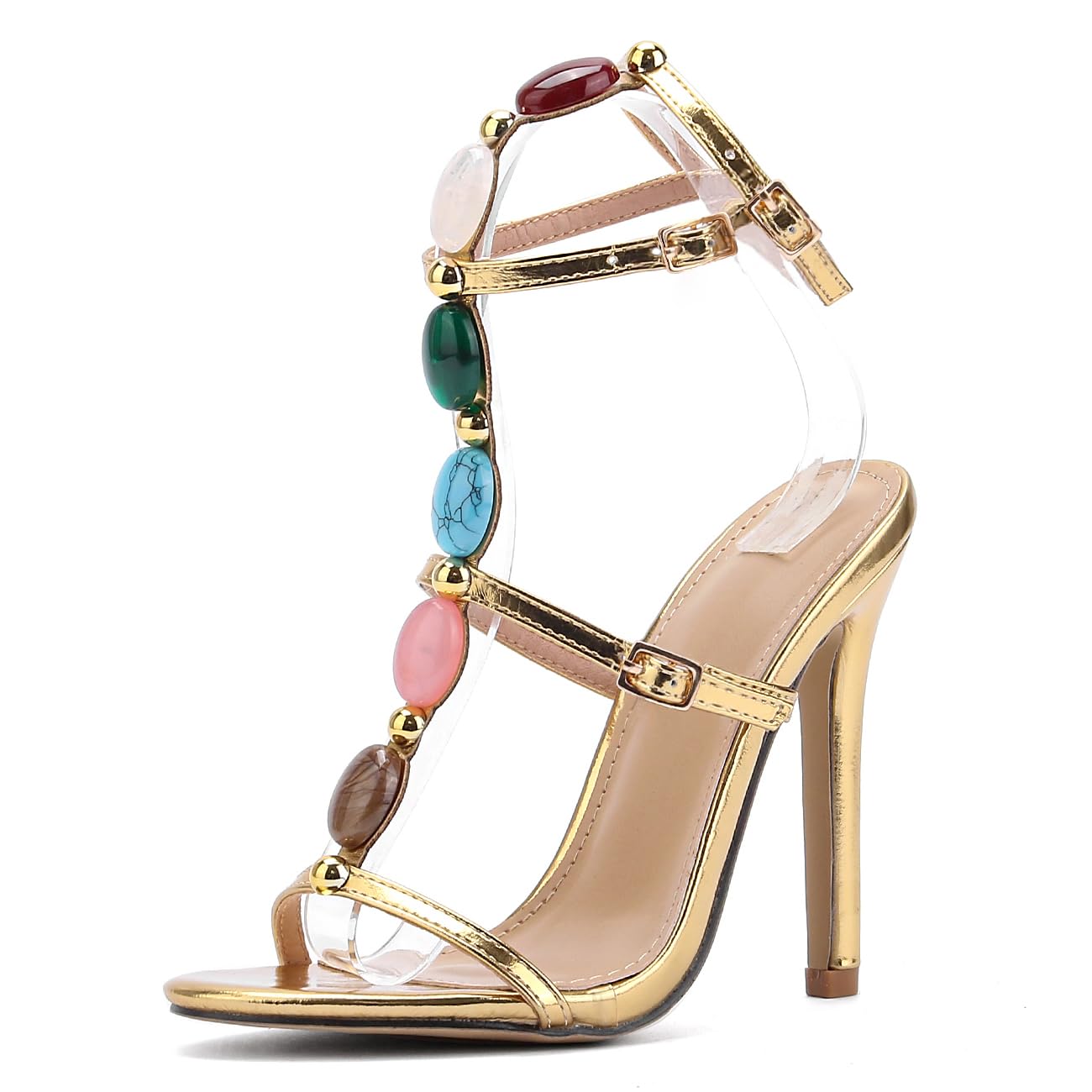 ARQA Jewelled Strappy Gold Heels for Women Open Toe Ankle Strap Gladiator Stiletto Heeled Sandals for Party Wedding