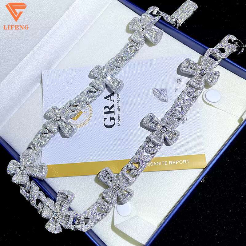Moissanite Chain Iced Out Miami Cuban Link Chain Men Hip Hop Moissanite Cross Cuban Chain 925 Silver Diamond Moissanite Necklace