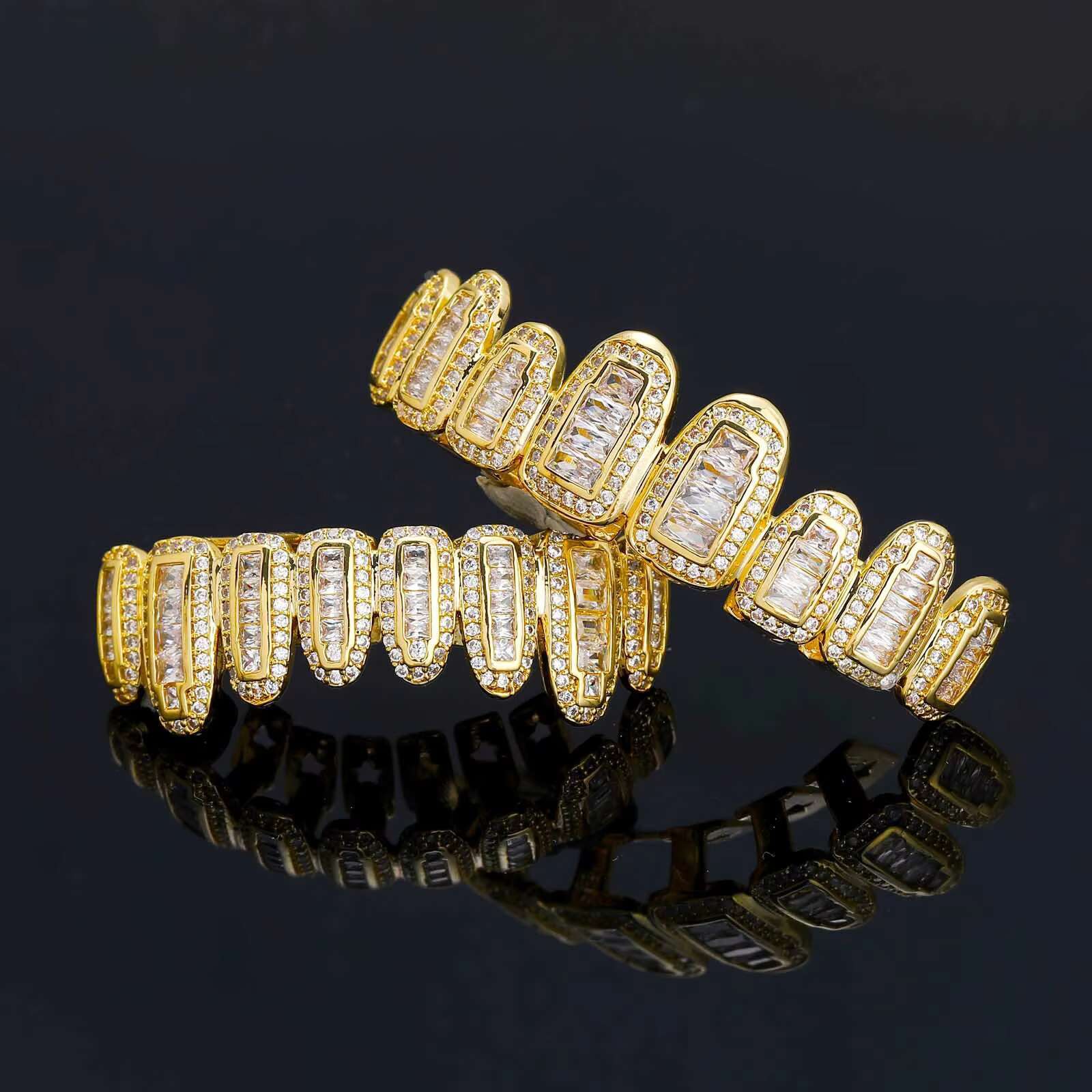 18K Gold Plated Iced Out Diamond CZ Baguette Cubic Zircon Grillz Teeth Halloween Rapper Jewelry Dental Grills Body Jewelry TypeOACOCA