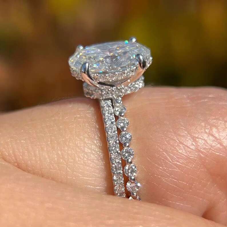 White Oval Moissanite Engagement Ring Real White Gold Plated halo Bridal Handmade Gift Women Her Oval Anniversary Ring Set