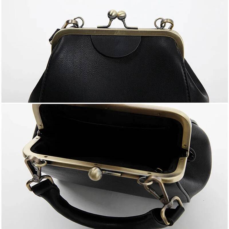 high-quality high-quality Vintage Women Handbag Kiss Lock PU Clip Female Retro Shoulder Bag Lady Purse Black Leather Messenger Bags