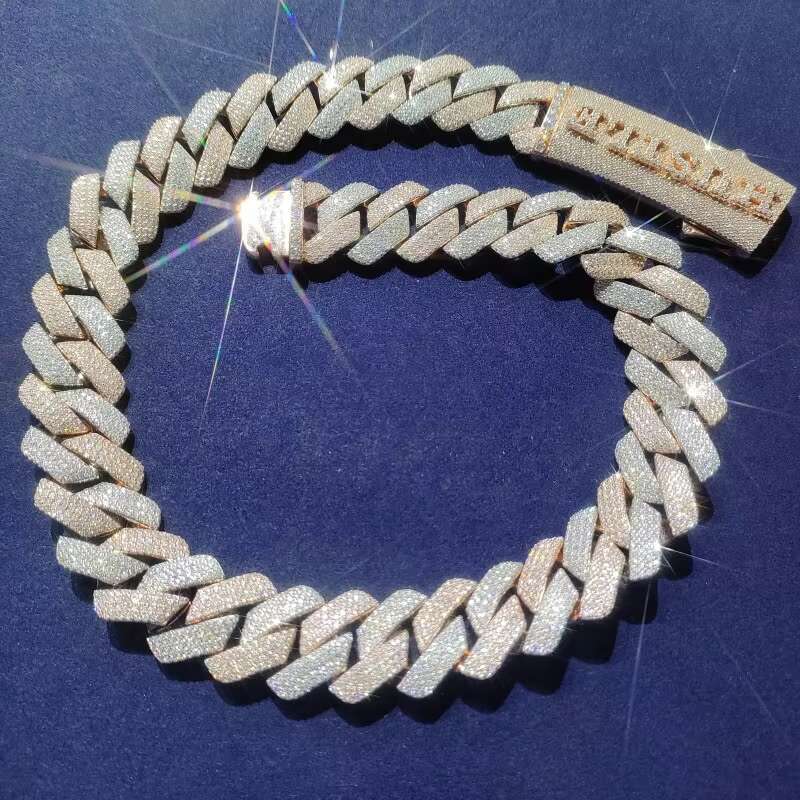 15-20mm 4-Row VVS Moissanite Necklace with 925 Sterling Silver 18K Rose Gold Plating Cuban Chain Style