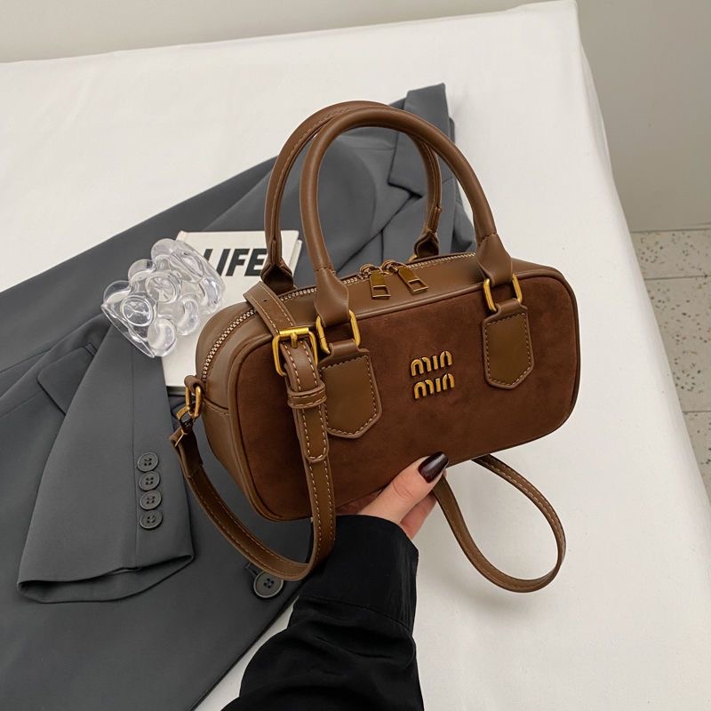 Designer bag Bowling bag Women suede luxury bag Summer handbag Extended strap crossbody bag Brown comfortable fabric Luxury banquet bag Pairing red storage travel