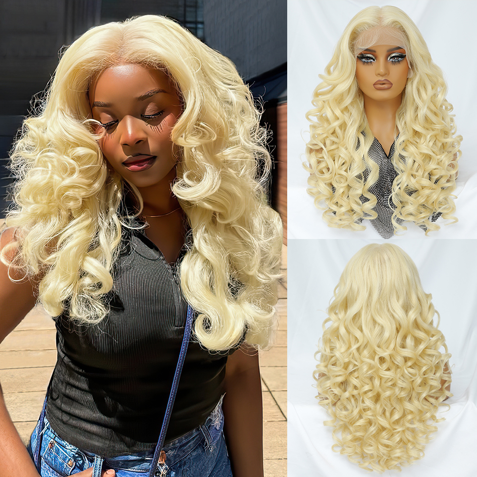 Premium Synthetic Blend Heat Resistant French Curls Blonde Glueless HD Frontal Synthetic Hair Lace Front Wigs 24inch 1pcs
