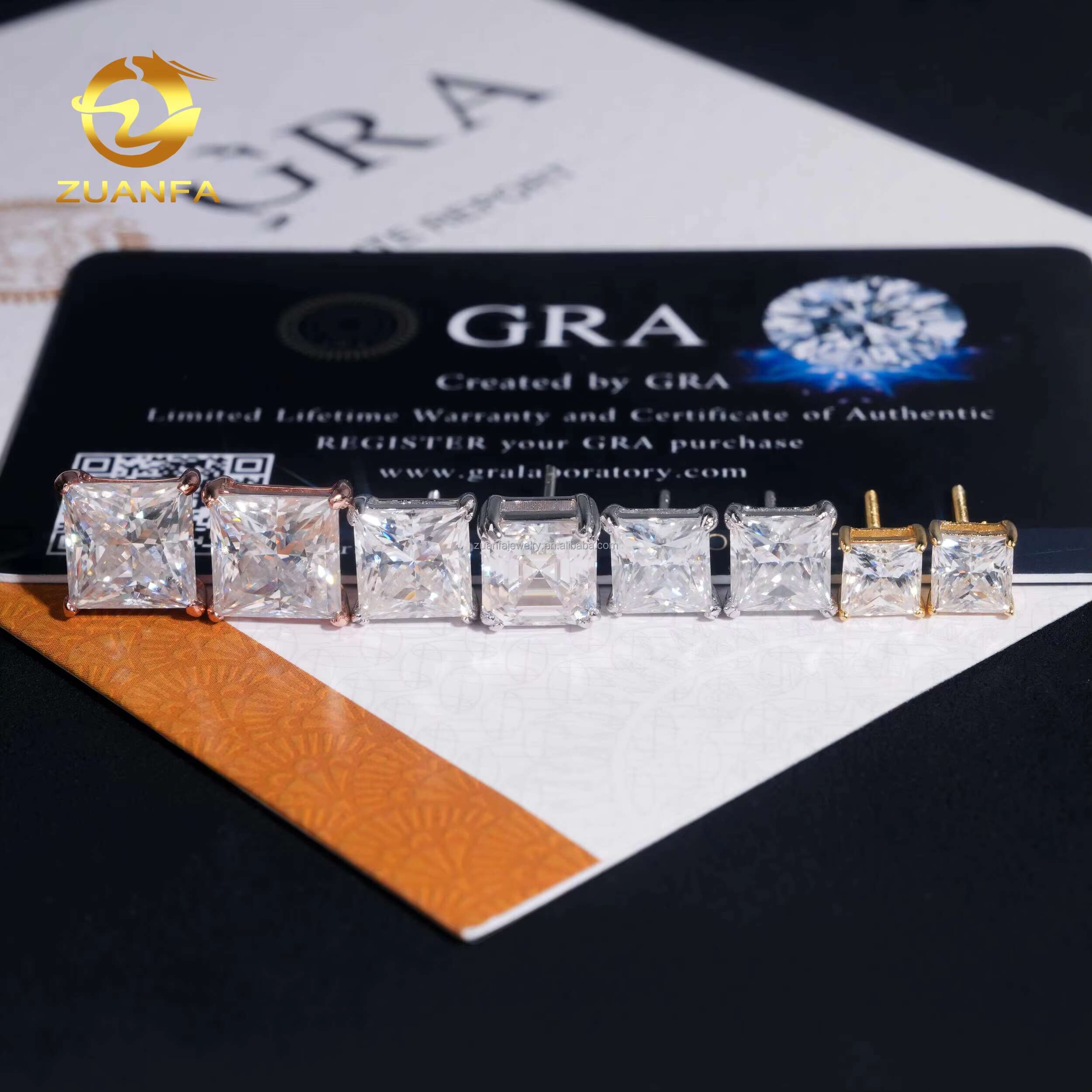 Wholesale Fashion Jewelry Princess Cut Single Diamond Ear Studs VVS Moissanite 925 Sterling Silver Stud Earring for Men Women