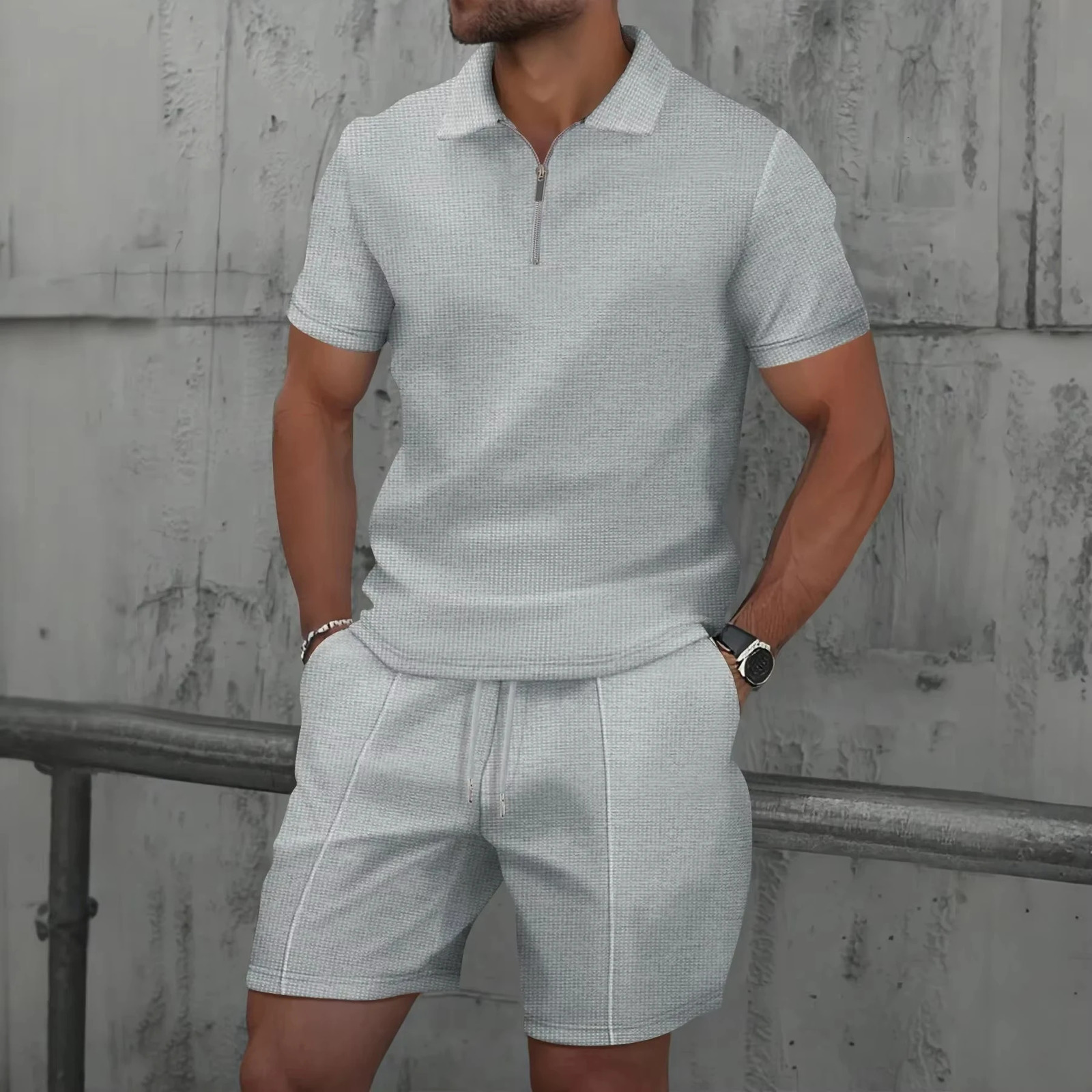 Mens Zip Polo Sets Solid Color 3D Print Casual Zipper Shirt Shorts 2pcs Business Sports Outfit Men Tracksuit Suit 250624