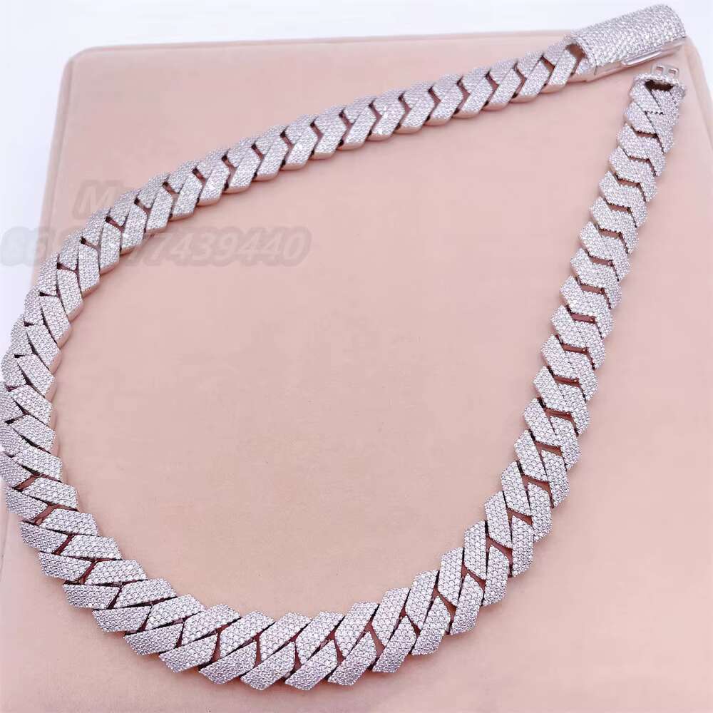 15-20mm 4-Row VVS Moissanite Necklace with 925 Sterling Silver 18K Rose Gold Plating Cuban Chain Style