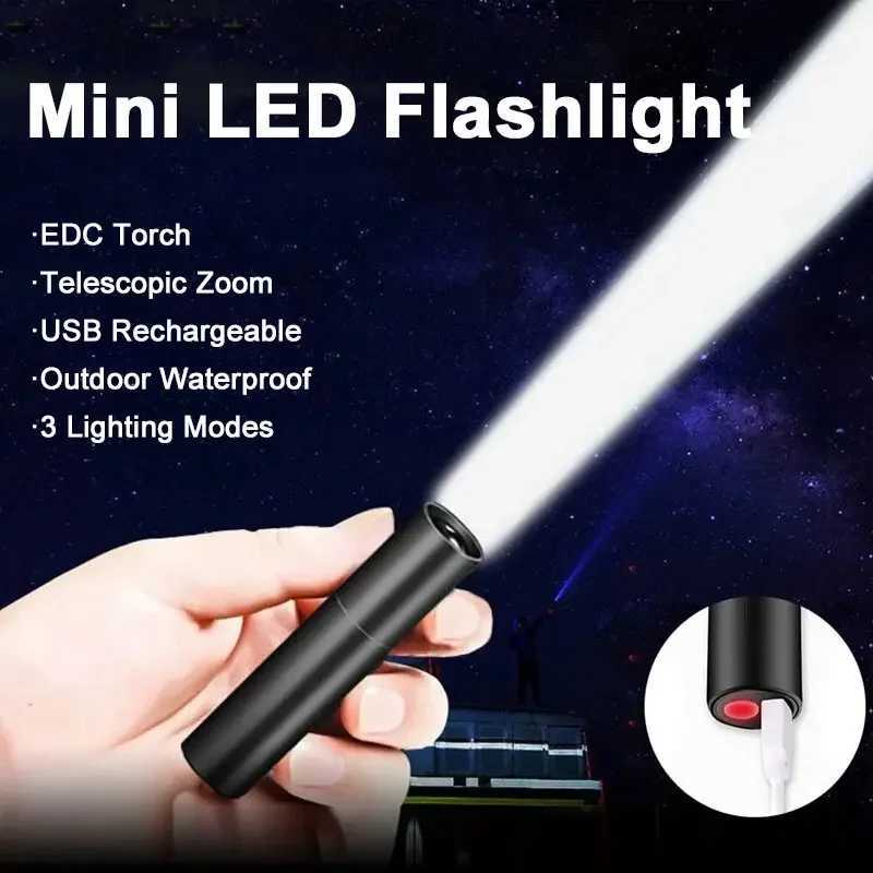 Mini Telescopic Zoom Flashlight 3 Light Mode Torch USB Rechargeable Waterproof Powerful Flashlights Outdoor Portable Torch Lamp W250701