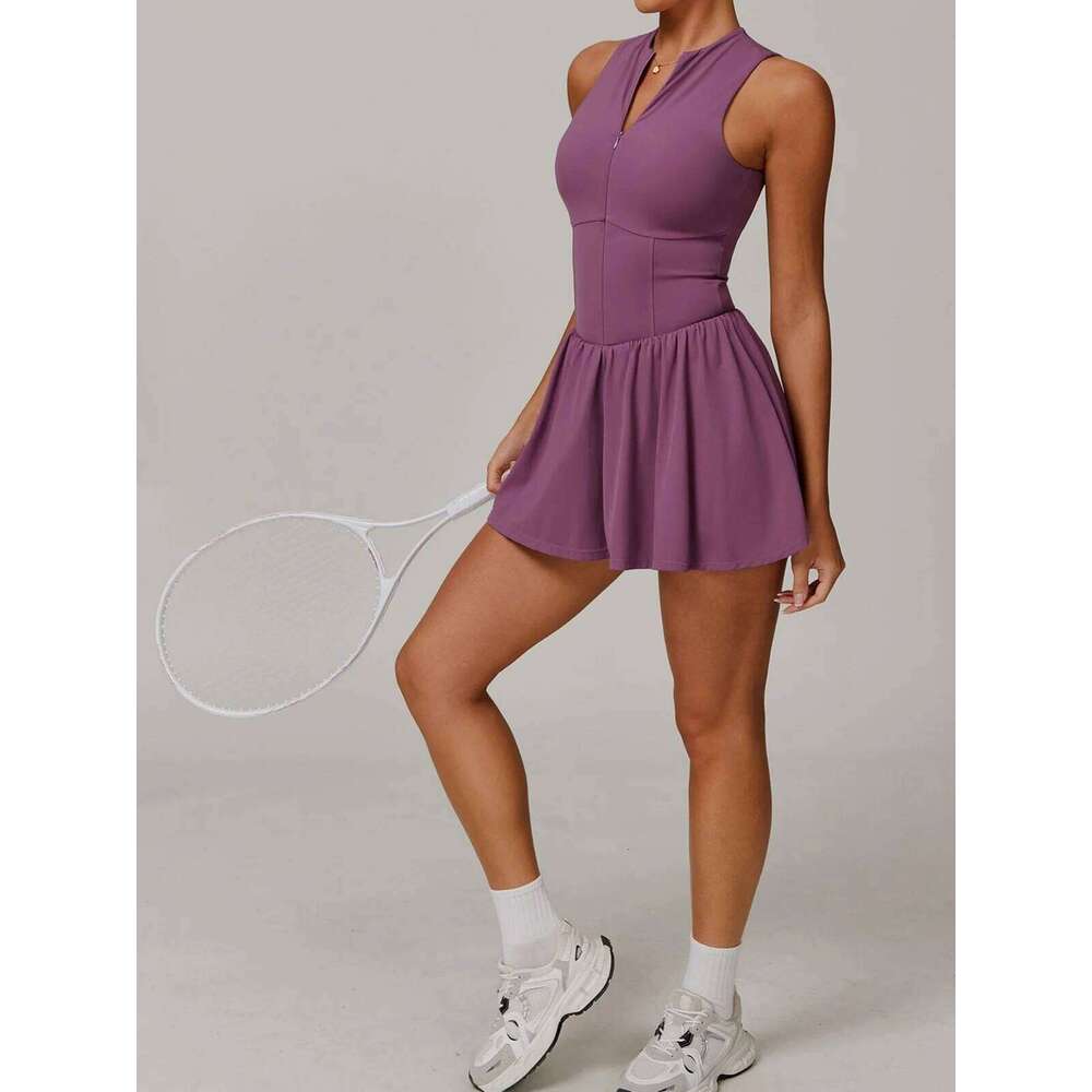Women Front Zipper Tennis Dress Fake Two-piece Pieces Stand Up Collar Slim Fit Soft Sports Sets Fiess Pocket Skorts Yoga Suits