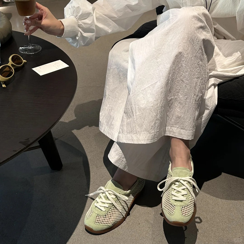 Flat Ballet Mesh Single Shoes Summer New Round Toe Spliced Front Lace-Up Lightweight Versatile Breathable Sneakers R250626