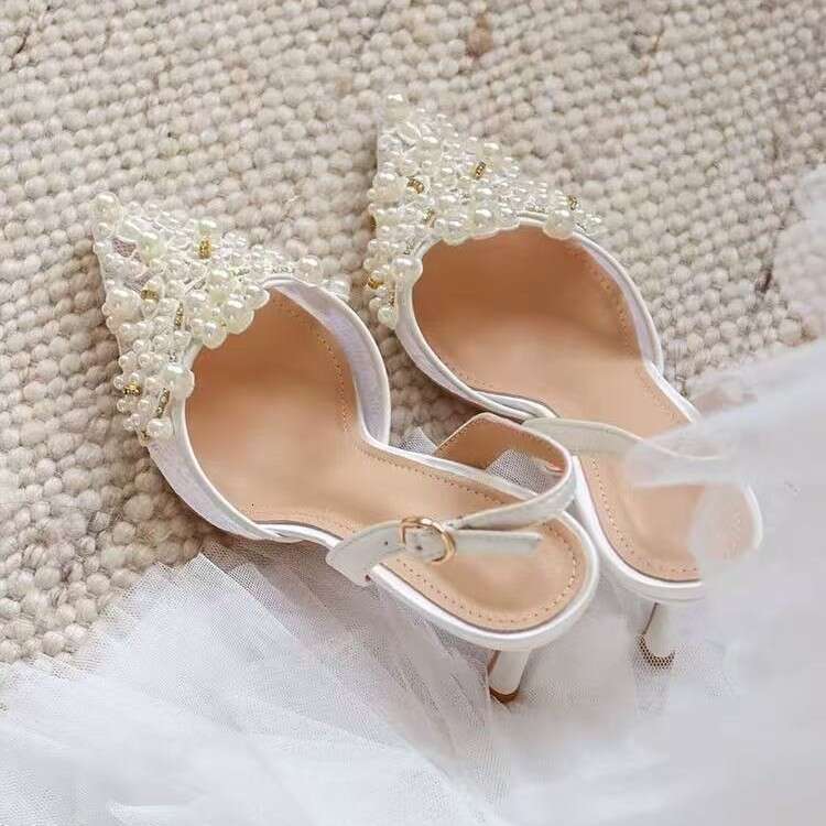Lace White High Heels Stiletto Pearl Rhinestone Wedding Banquet Bride Bridesmaid Shoes Side Hollow Sandals Elegant Women