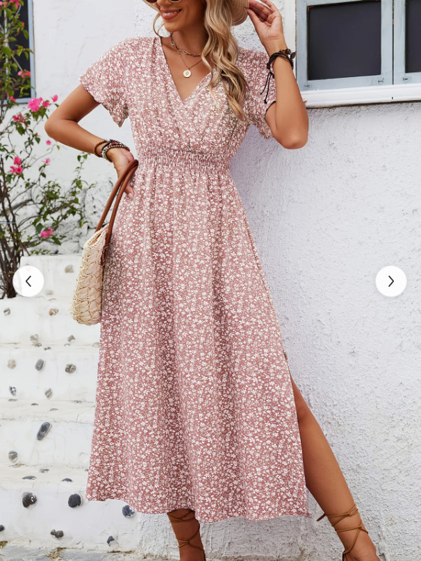F626Cross-border new women's dress hot sale holiday V-neck elastic waist short-sleeved dress