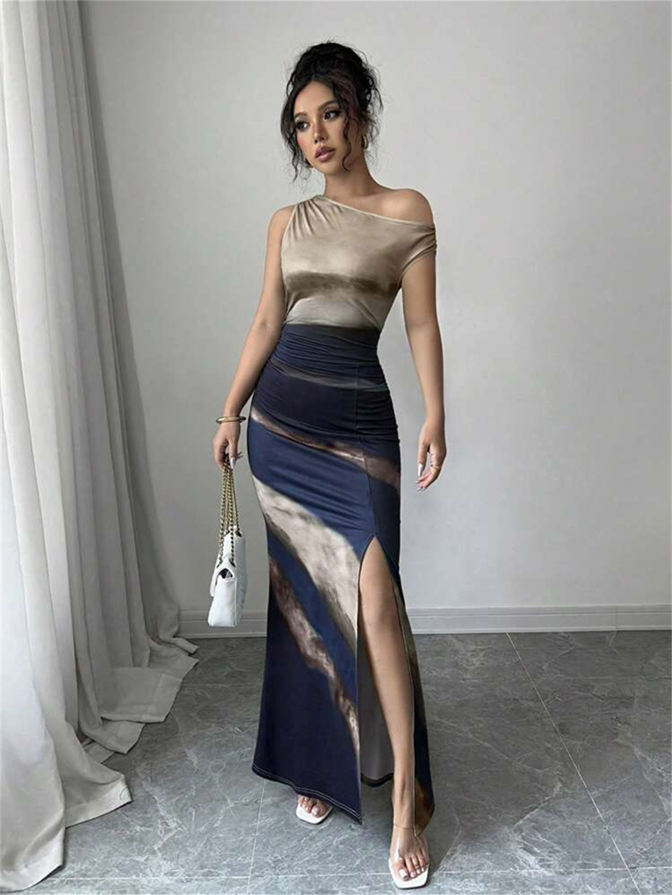 M626New hot contrast color temperament slim shoulder sleeveless slit dress