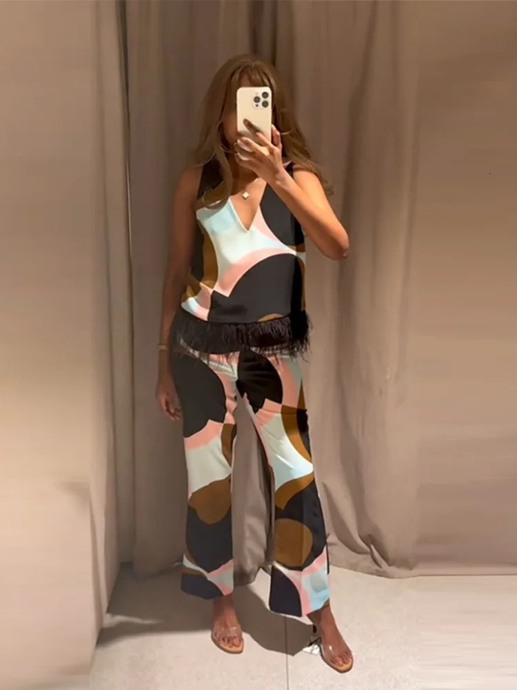 Geometric Print Leather Patchwork Top Pants Suits Women Sexy V-neck Sleeveless Tops High Waist Straight Trousers Chic Lady Sets 250625