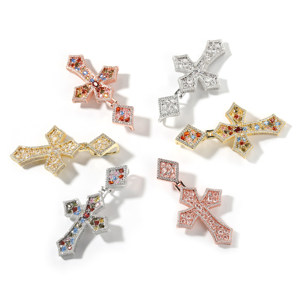 Hip Hop Rhombus Clasp Cross Pendant Necklace Colorful 5A T Zircons Women Mens Religious Jewelry