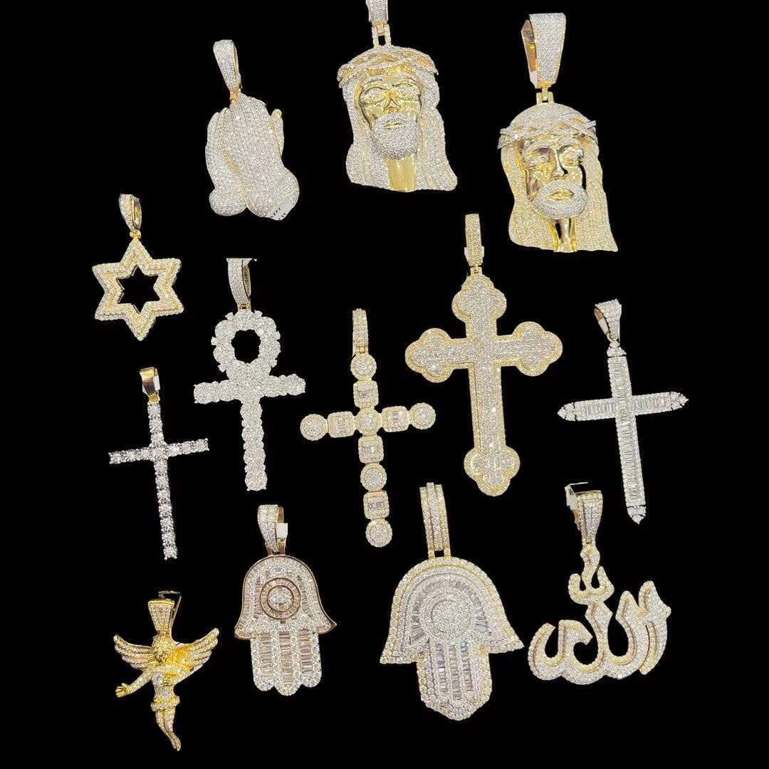 AAA GEMS Hip Hop Moissanite Collection Solid 14K Yellow Gold Baguette Diamond Fashion Cross Pendant for Men