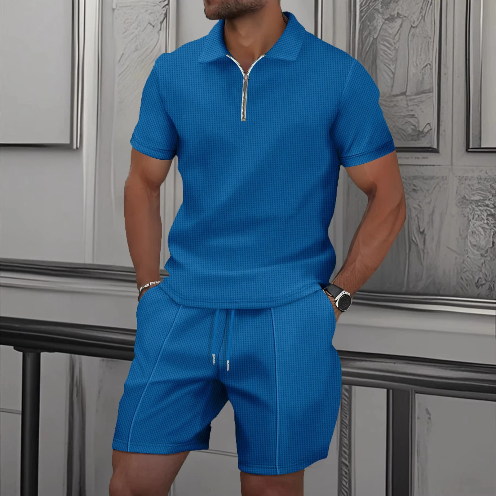 Mens Zip Polo Sets Solid Color 3D Print Casual Zipper Shirt Shorts 2pcs Business Sports Outfit Men Tracksuit Suit 250624