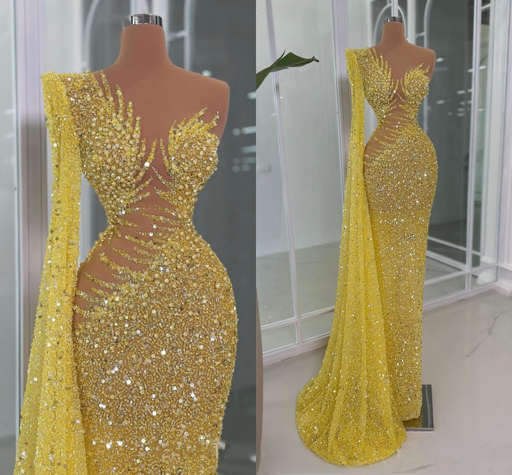 2025 Gold Prom Dresses for Black Women Evening Dresses gelinlik Illusion Mermaid Prom Gowns Beaded Lace One Shoulder Sequined Lace Pearls Second Recep