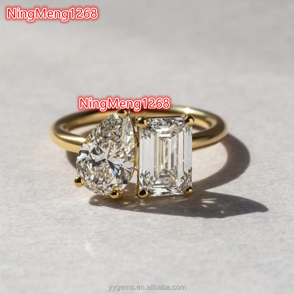 Custom MOI ET TOI Style 2CT Pear Octagon Moissanite 18K Gold Yellow Wedding Engagement Ring Fine Jewelry Women Fine Rings