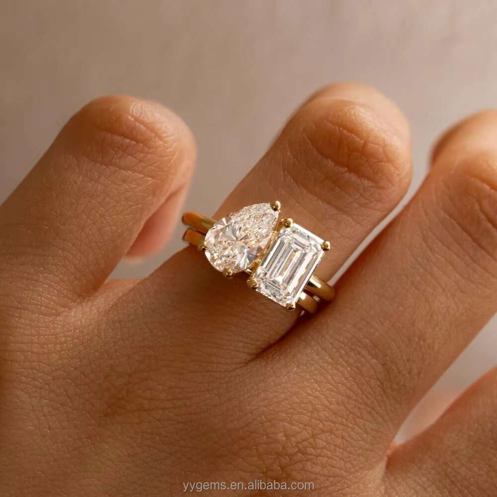 Custom MOI ET TOI Style 2CT Pear Octagon Moissanite 18K Gold Yellow Wedding Engagement Ring Fine Jewelry Women Fine Rings