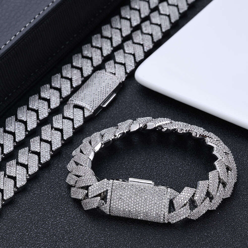 Hip Hop Zircon Necklace 15mm Four Rows Inlaid Dia Rhombus Cuban Chain Men's Bracelet Jewelry b558