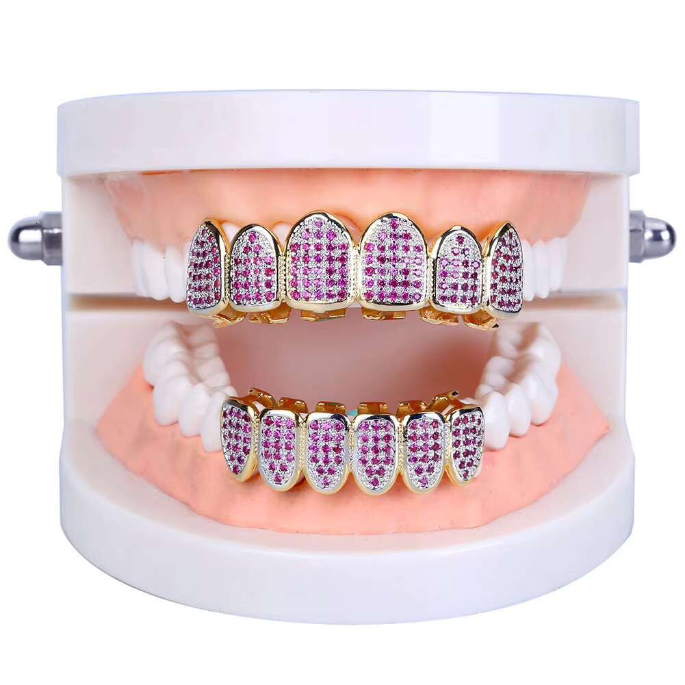 Purple Bling CZ Diamonds Paved Setting Punk Ice Bars Teeth Grillz Top Bottom Set Hip Hop Copper Alloy Zircon Perfect GiftOACOCA